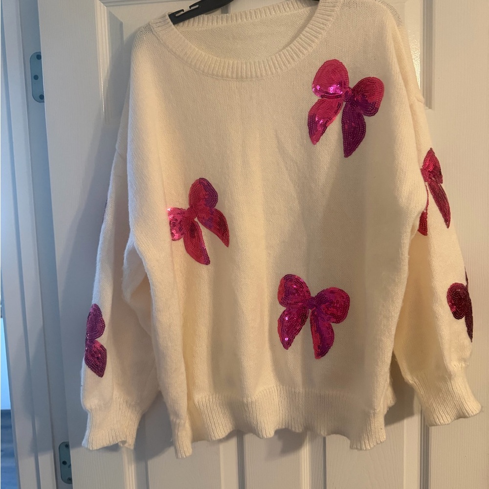 SHEIN Cream Sweater with Pink Sequin Bows